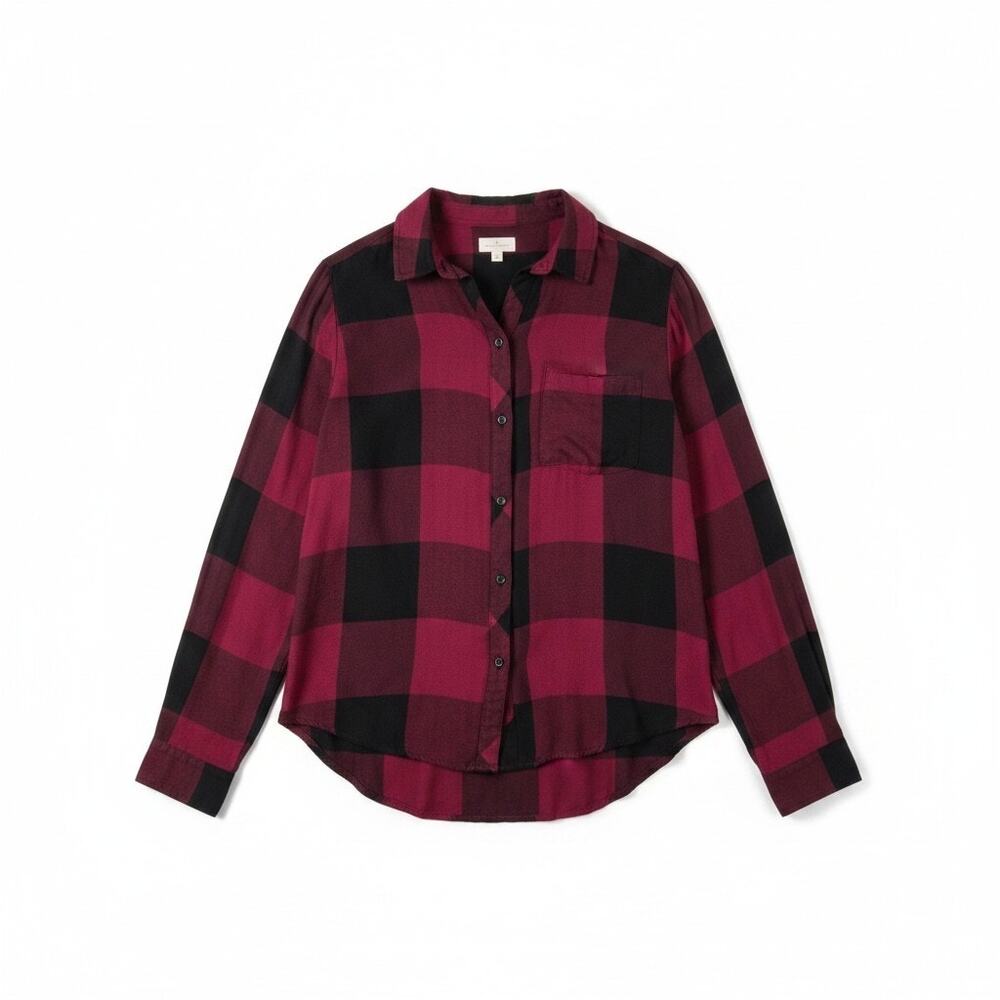 Thread & Supply Plaid Button Down Shirt Flannel Blouse Grunge S Burgundy Black